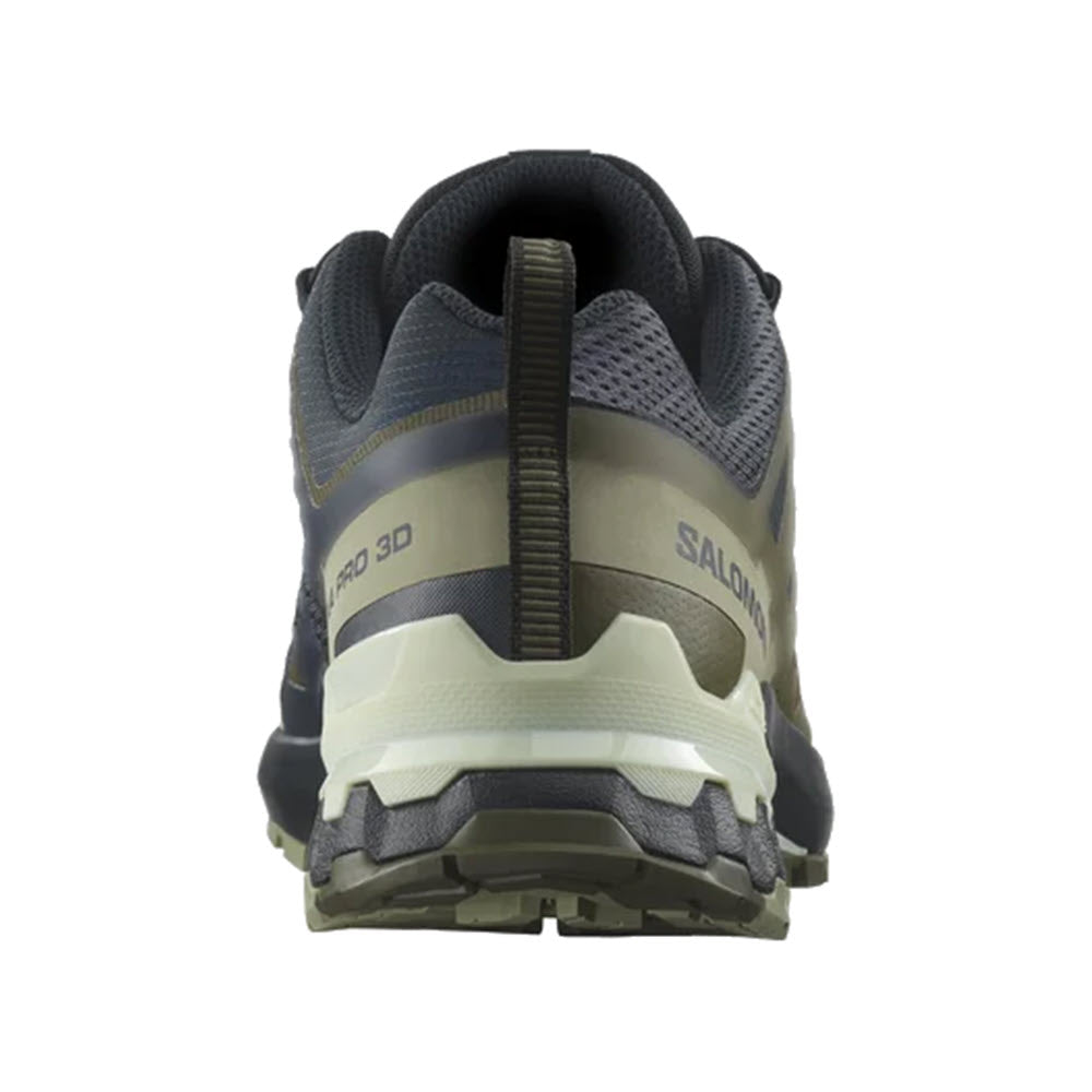 Rear view of a Salomon branded SALOMON XA PRO 3D V9 INDIA INK/OLIVE NIGHT/ALOE WASH - MENS trail running shoe with gray and navy blue tones, featuring a Contagrip sole.