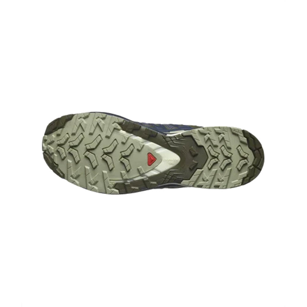 Sole of a Salomon XA PRO 3D V9 India Ink/Olive Night/Aloe Wash - Mens sport shoe with Contagrip tread pattern.