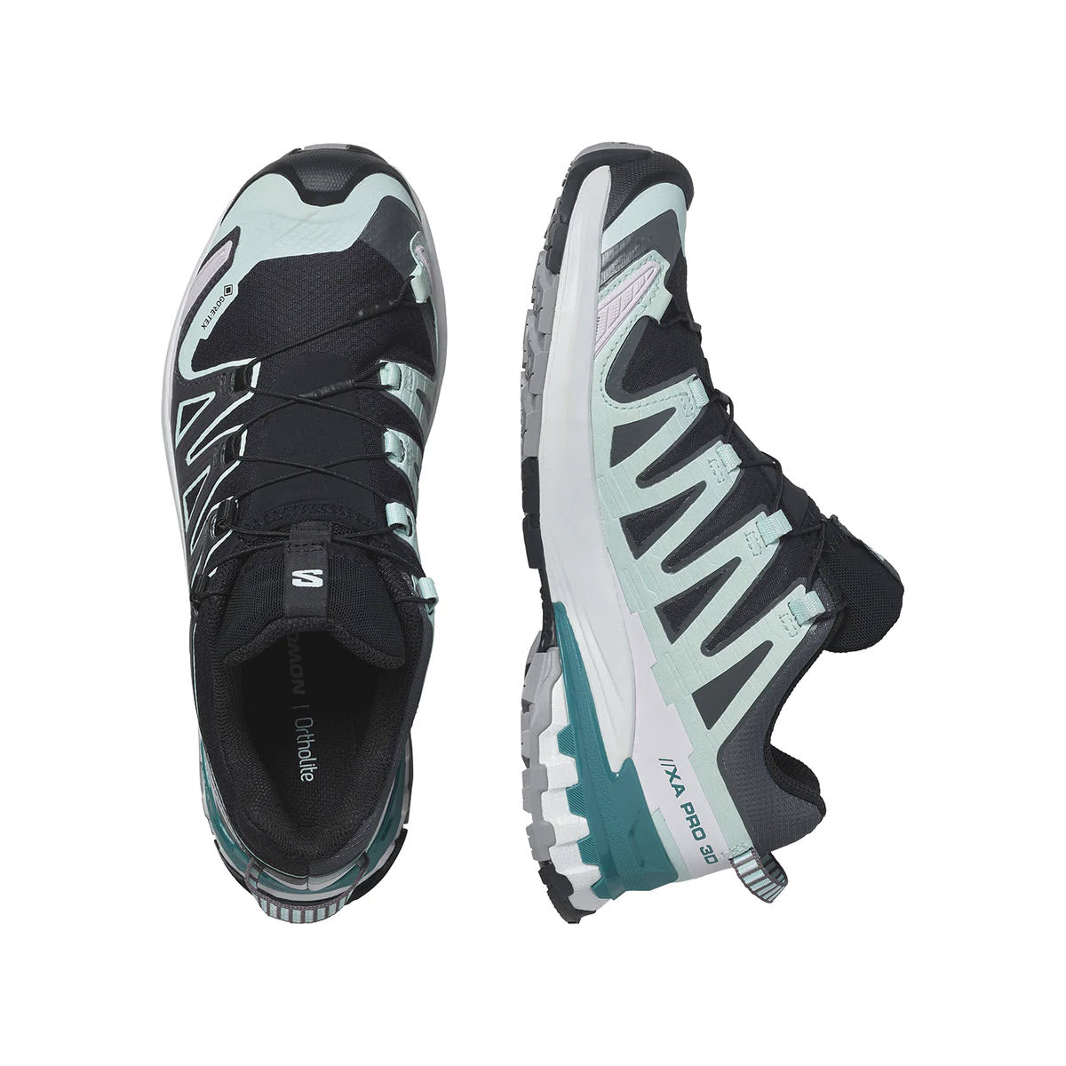 A pair of black and teal Salomon XA PRO 3D V9 GTX trail running shoes with a waterproof GORE-TEX membrane, white soles, and laces, viewed from above.
