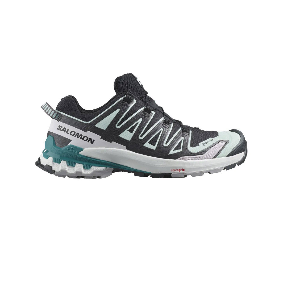 A single Salomon XA Pro 3D V9 GTX Black/Bleached Aqua/Harbor Blue trail running shoe featuring a GORE-TEX waterproof membrane displayed against a white background, with a black and white upper and teal accents.