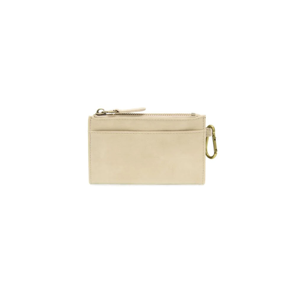 A small, beige Joy Susan Bobbie Bifold Wallet Linen with zipper closure and a keyring on white background.