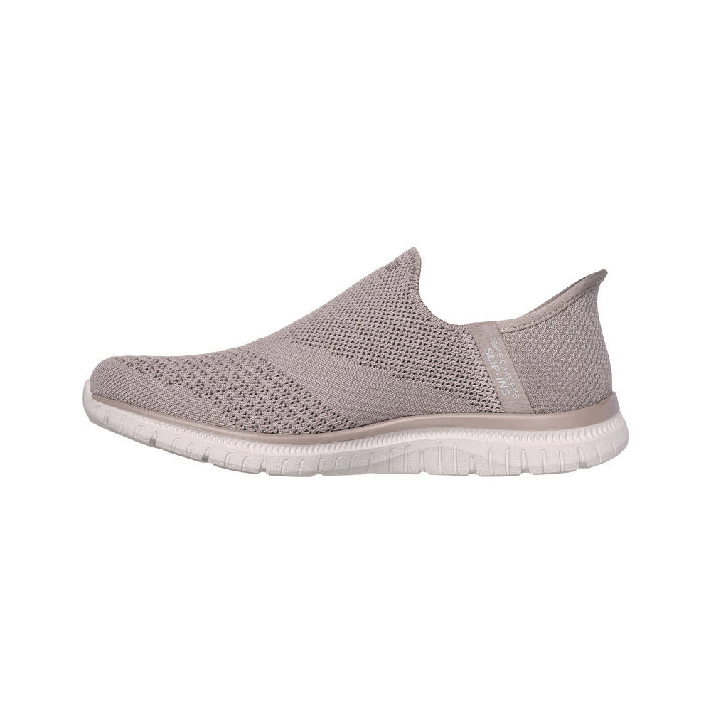 Light gray, Skechers slip-on sneaker with a Stretch Fit engineered knit upper and white rubber sole, displayed against a white background.