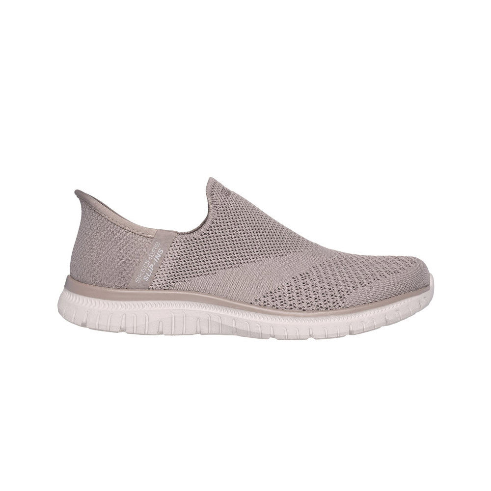 A single Skechers Slip-Ins Virtue Sleek Taupe sneaker with a white sole, featuring Stretch Fit engineered knit and minimal branding on the side.