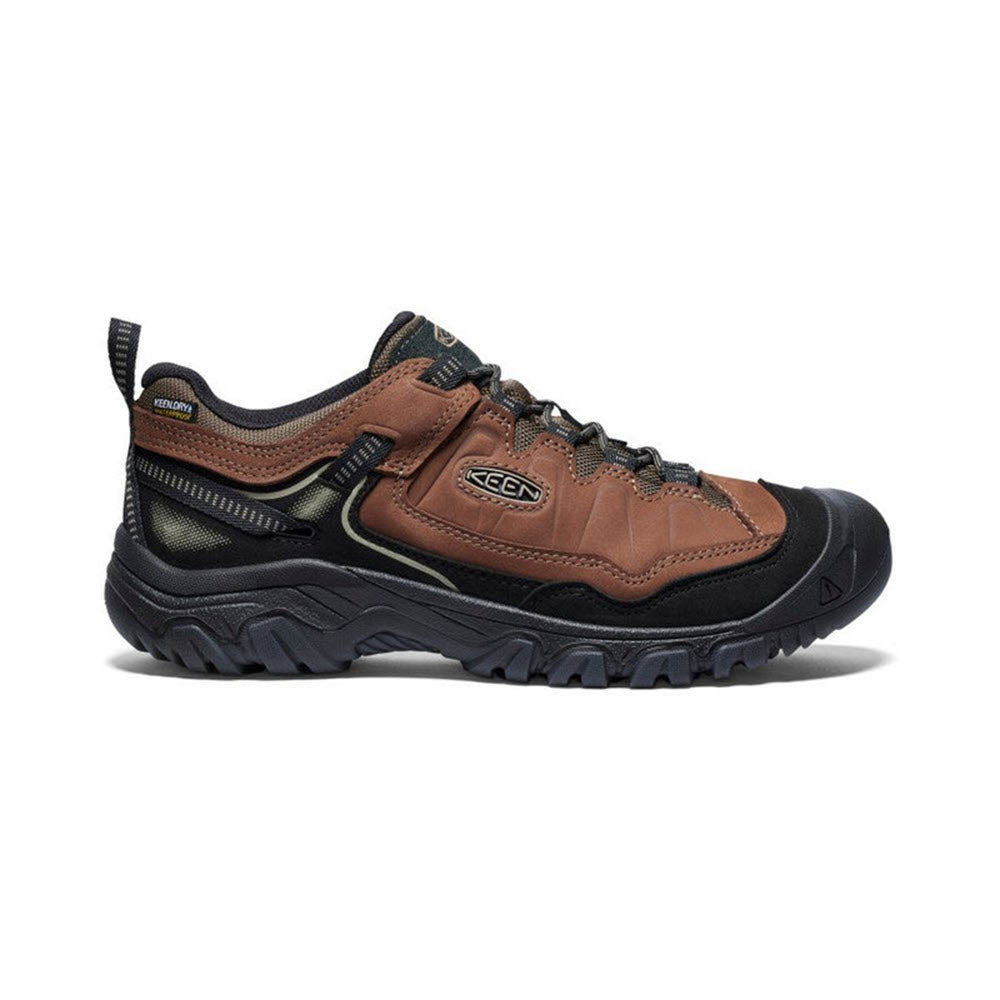 A single durable Keen Targhee hiking shoe, featuring a brown and black design with a robust tread and lace-up front.
