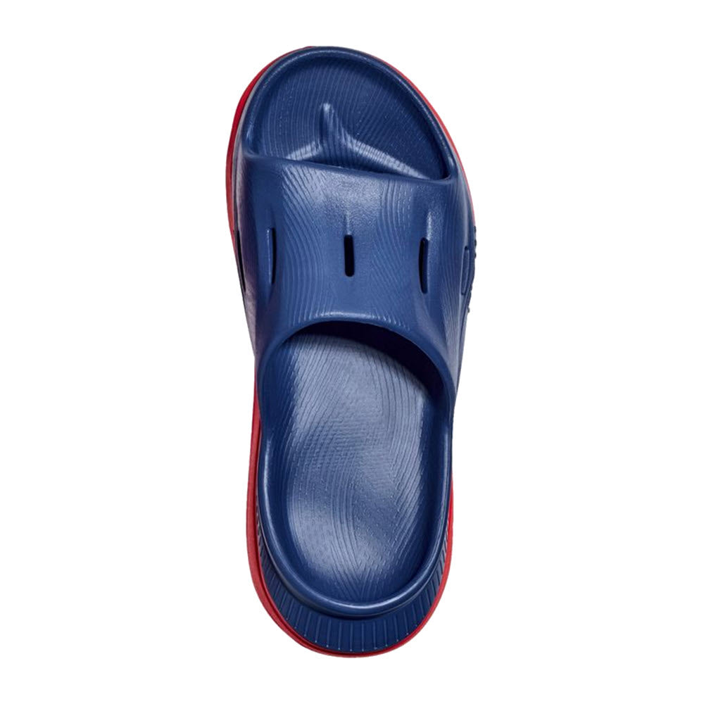 Sentence with replaced product: A single blue rubber HOKA ORA RECOVERY SLIDE 3 BLACK sandal with red trim, viewed from above.
