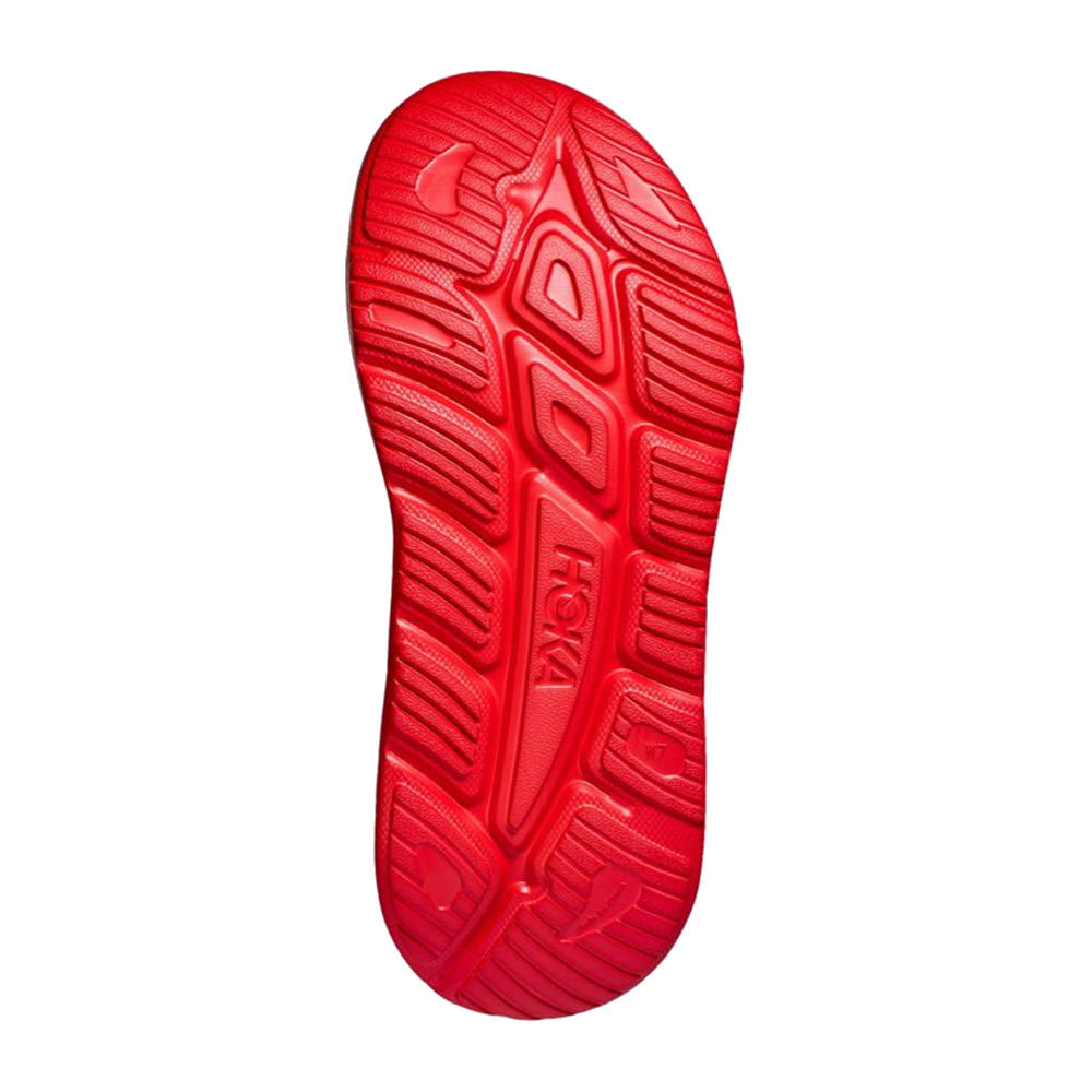 Red Hoka One Ora Recovery Slide 3 Black running shoe with a sustainable sugarcane footbed and detailed tread pattern.