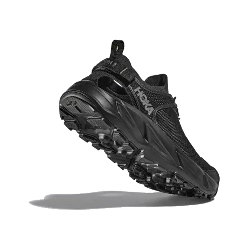 Black HOKA HOPARA 2 trail running shoe with quick-dry water repellency on a white background, angled to show the tread and branding.