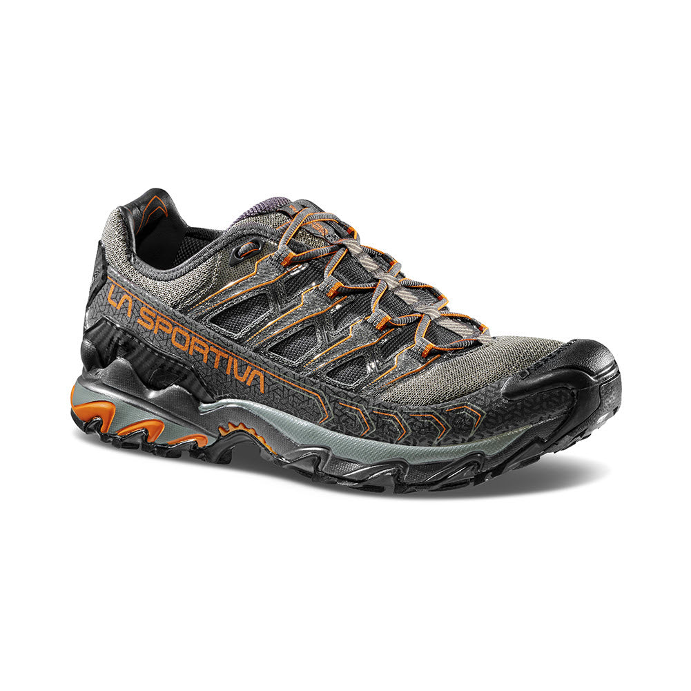 A La Sportiva Ultra Raptor II Carbon/Hawaiian Sun all-terrain trail running shoe with orange and gray accents on a white background.