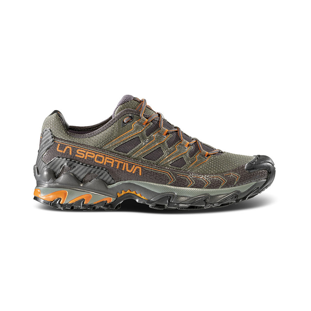 Gray and orange La Sportiva Ultra Raptor II Carbon/Hawaiian Sun men&#39;s Mountain Running shoe with an ultra sticky rubber outsole, positioned against a white background.