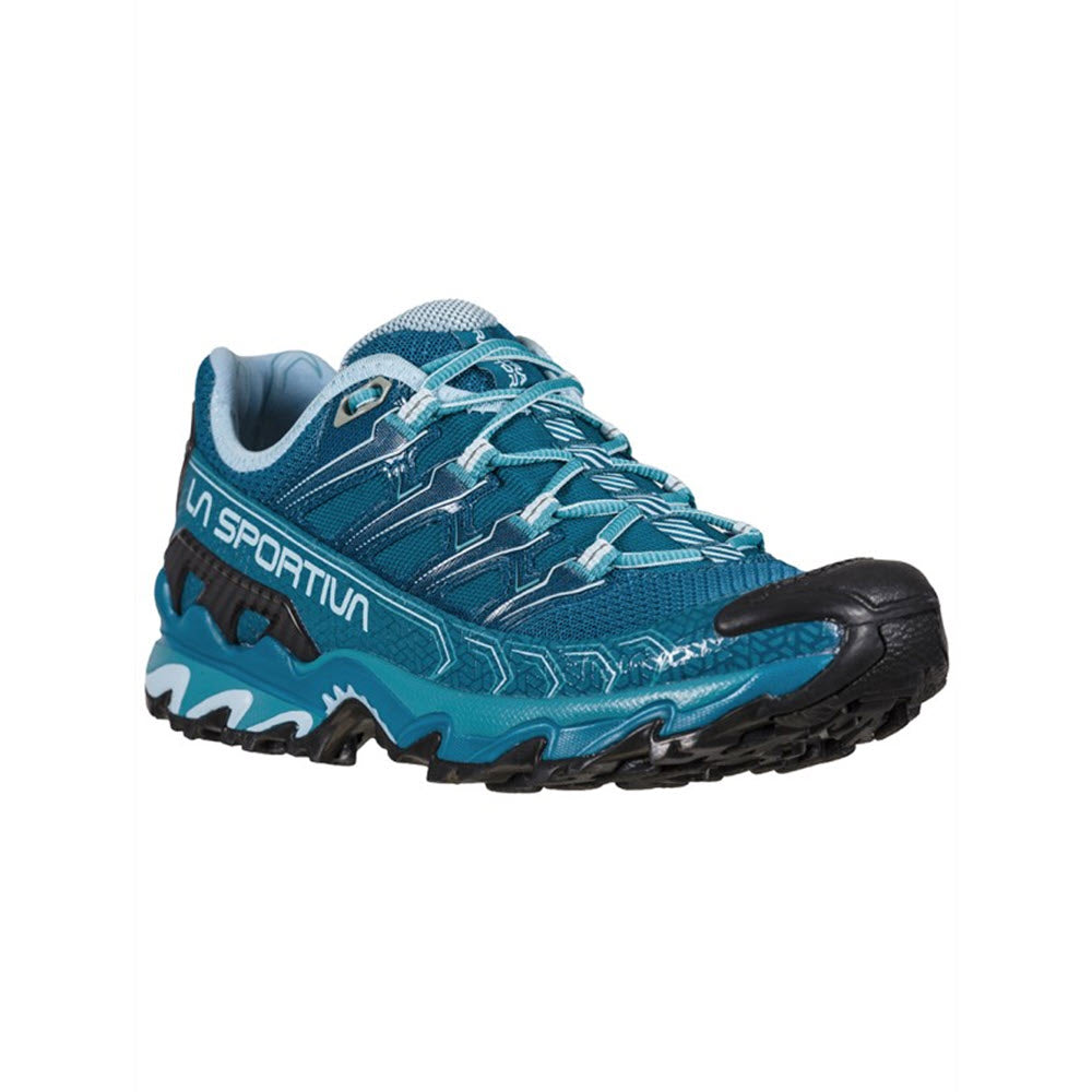 Blue and black La Sportiva Ultra Raptor II Denim/Rogue trail running shoe with a rugged sole and branded detailing on the side.