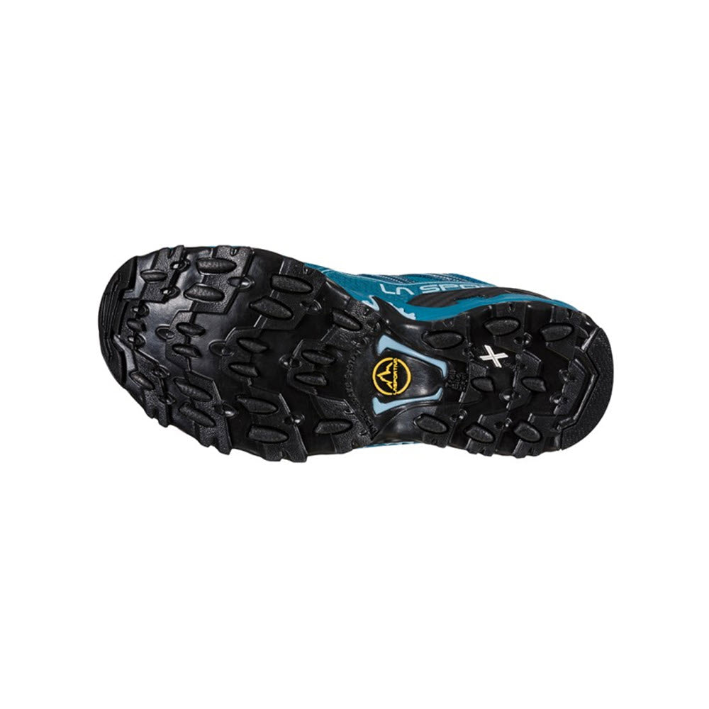 Sole of a blue and black La Sportiva Ultra Raptor II hiking boot with a visible logo and a durable, treaded design.