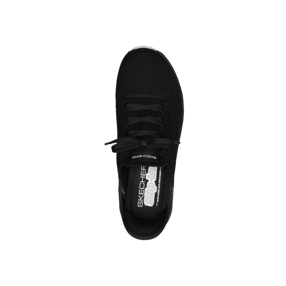 Top view of a single black Skechers Slip-Ins Virtue Divinity sneaker with Air-Cooled Memory Foam and laces on a white background.