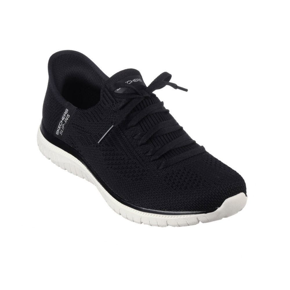 A black Skechers slip-in Virtue Divinity sneaker featuring an Air-Cooled Memory Foam insole and a lace-up design, with stretch-fit engineered knit upper fabric, isolated on a white background.