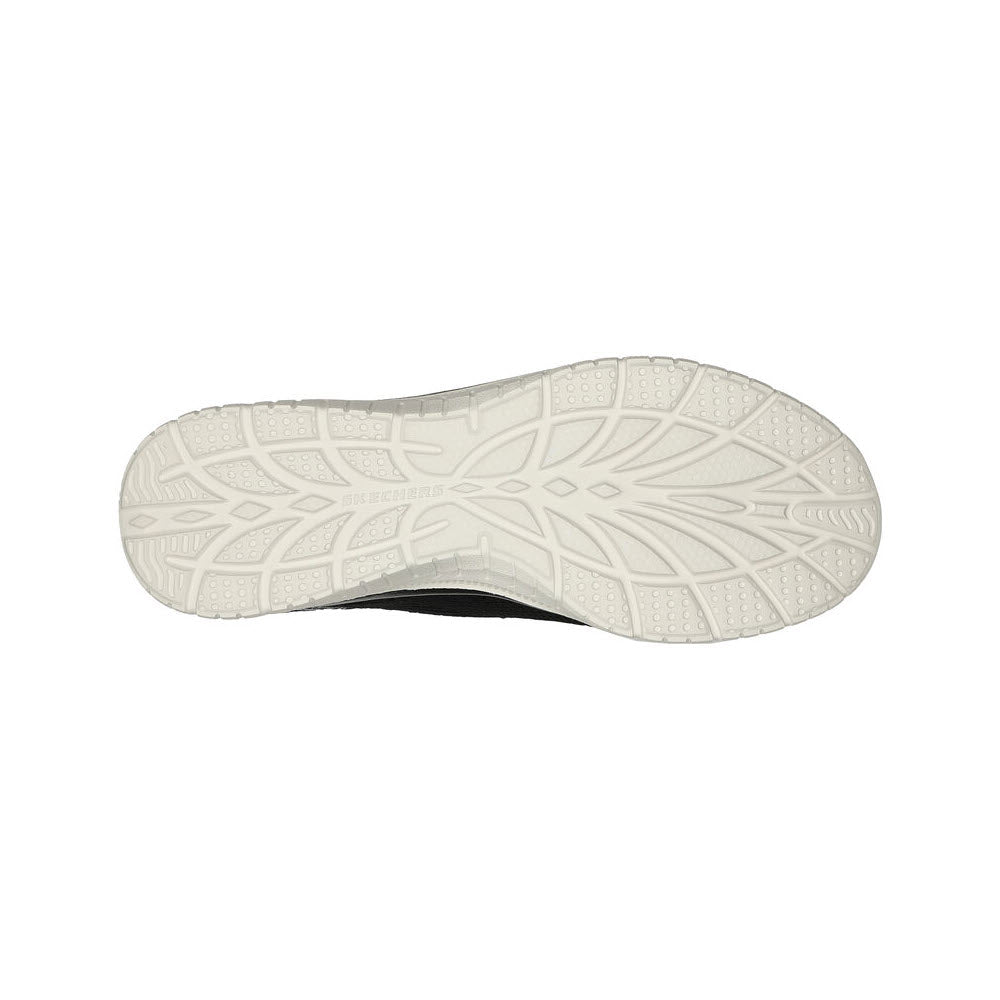 Bottom view of a light beige Skechers shoe sole with a detailed traction pattern and Air-Cooled Memory Foam.