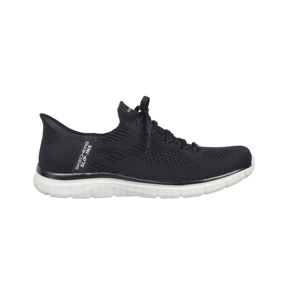 Black Skechers SLIP-INS VIRTUE DIVINITY running shoe with Air-Cooled Memory Foam and a white sole, shown in profile on a white background.