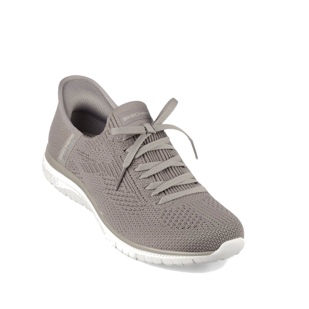 A single Skechers Slip-ins Virtue Divinity Taupe athletic shoe featuring Stretch Fit engineered knit and white soles, displayed against a white background.