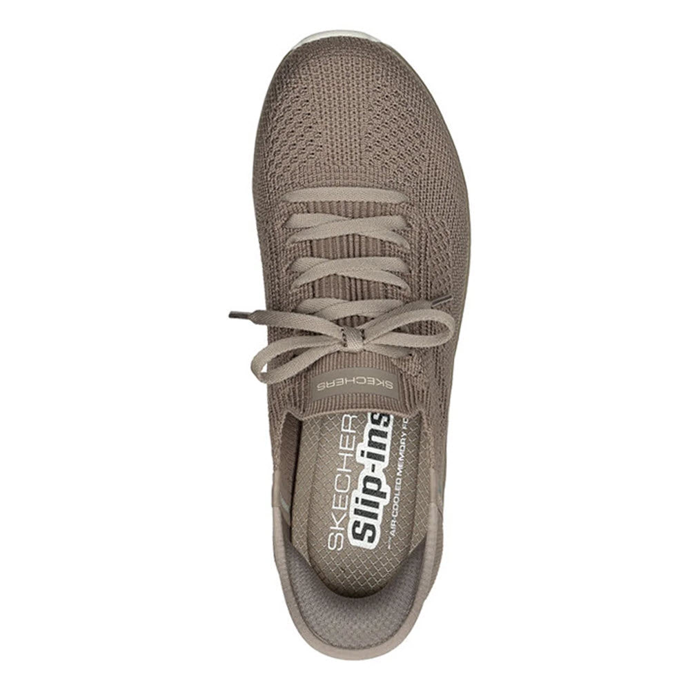 Top view of a single taupe Skechers Slip-Ins Virtue Divinity sneaker featuring Air-Cooled Memory Foam, with laces on a white background.