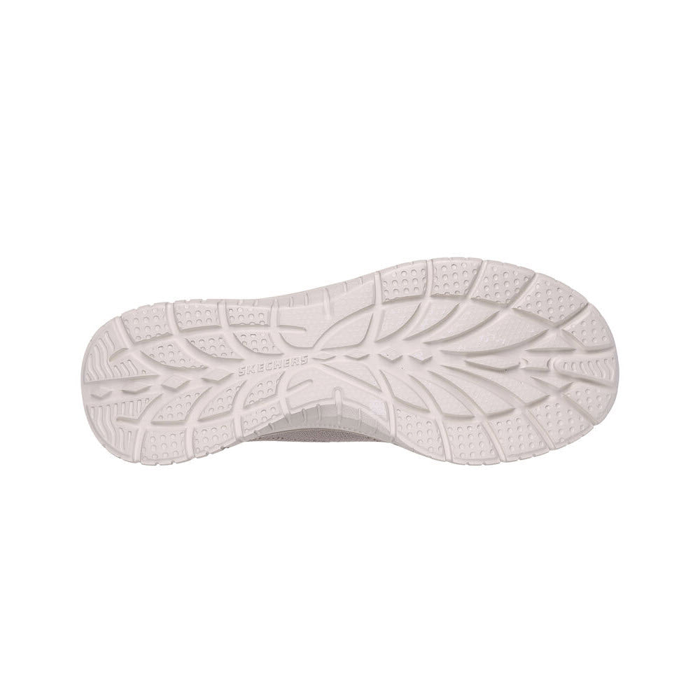 Bottom view of a single gray Skechers Slip-Ins Virtue Divinity Taupe sneaker sole showing detailed tread pattern and Air-Cooled Memory Foam brand embossing.