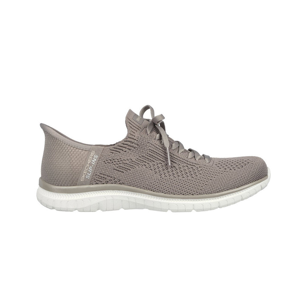 A single gray Skechers SLIP-INS VIRTUE DIVINITY TAUPE running shoe with white soles and Air-Cooled Memory Foam, displayed in a lateral side view on a plain background.