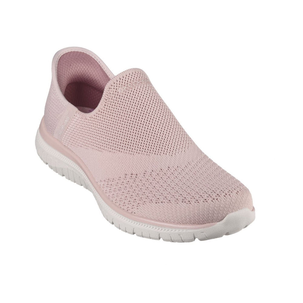 A light pink Skechers Slip-Ins Virtue Sleek Rose running shoe with a breathable mesh upper and a white rubber sole, displayed on a white background.
