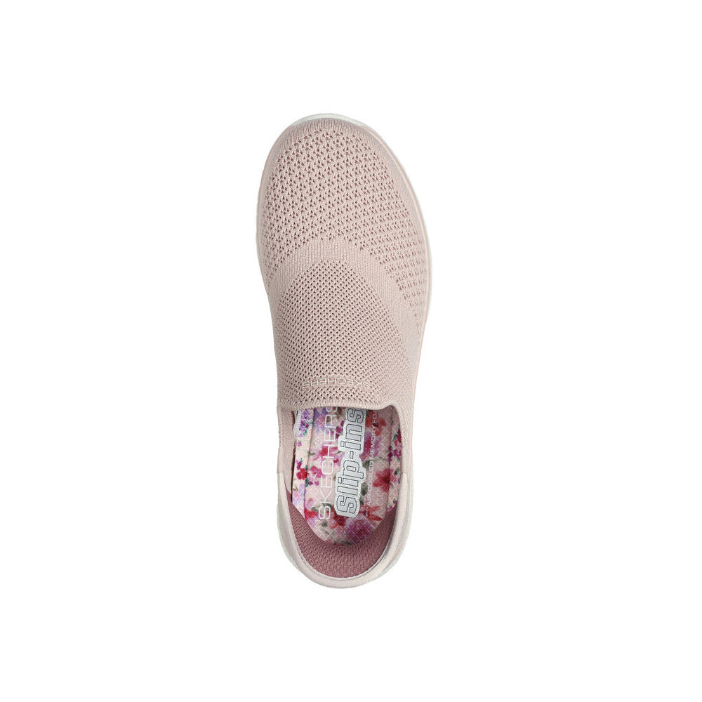 Top view of a single SKECHERS SLIP-INS VIRTUE SLEEK ROSE - WOMENS sneaker with floral pattern on the Air-Cooled Memory Foam insole.