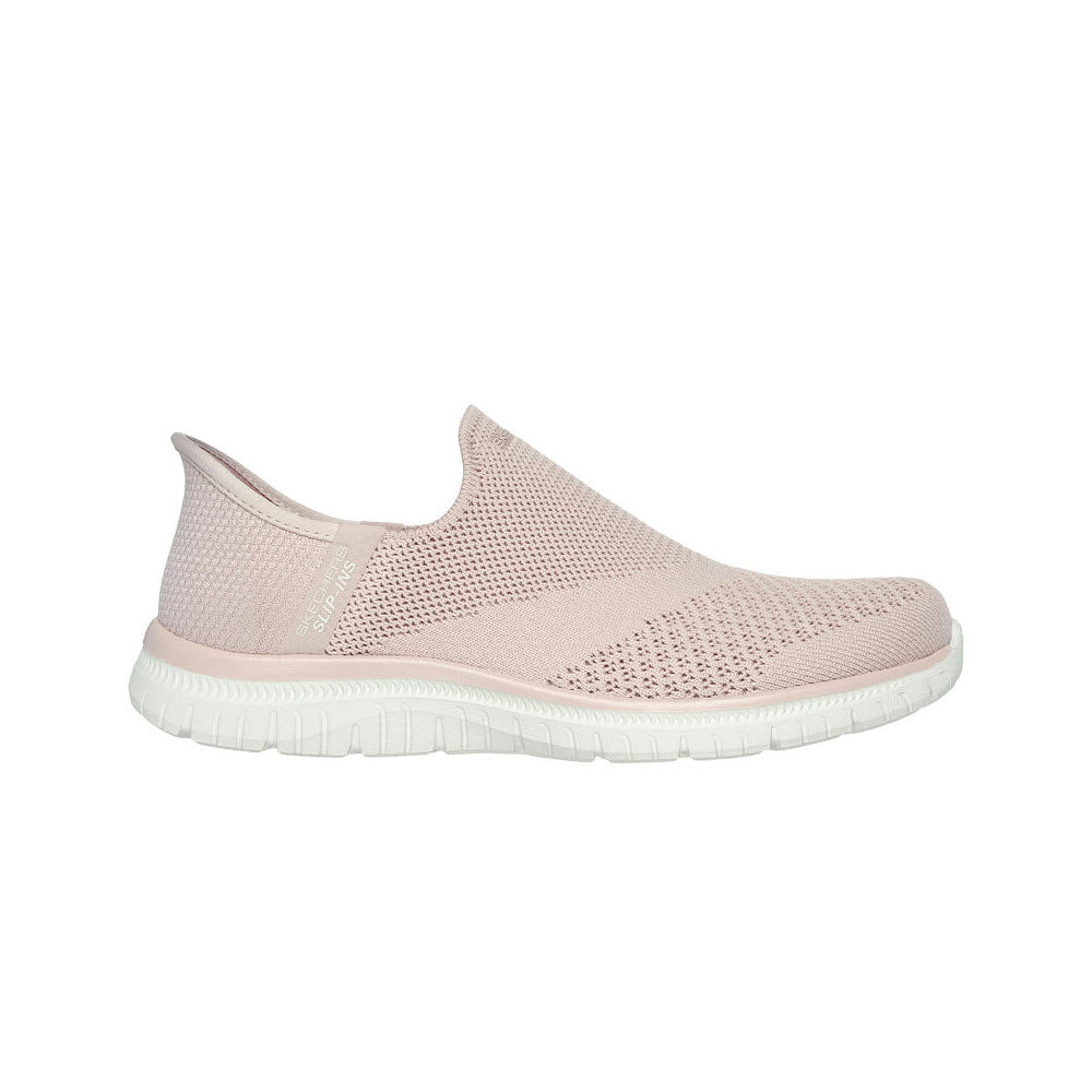 Light pink Skechers Slip-ins Virtue Sleek Rose sneakers with mesh upper and white sole on a white background.