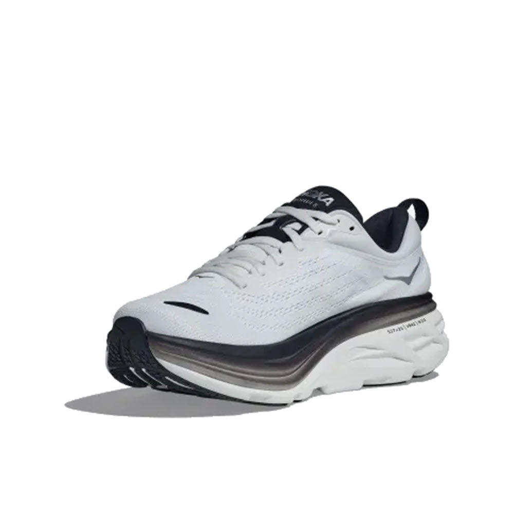 A single white Hoka Bondi 8 running shoe with a thick, layered sole and black accents, displayed against a plain background.