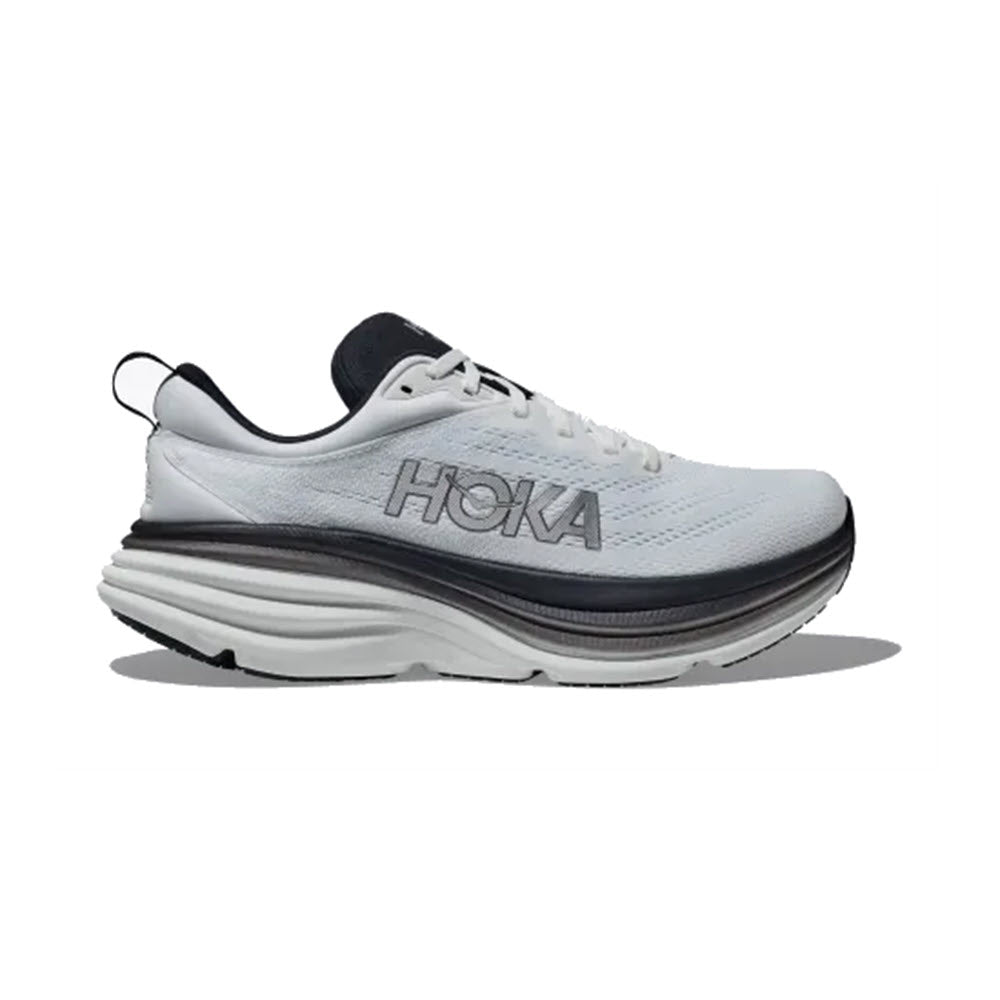 White HOKA Bondi 8 running shoe with thick sole, displayed against a plain background.