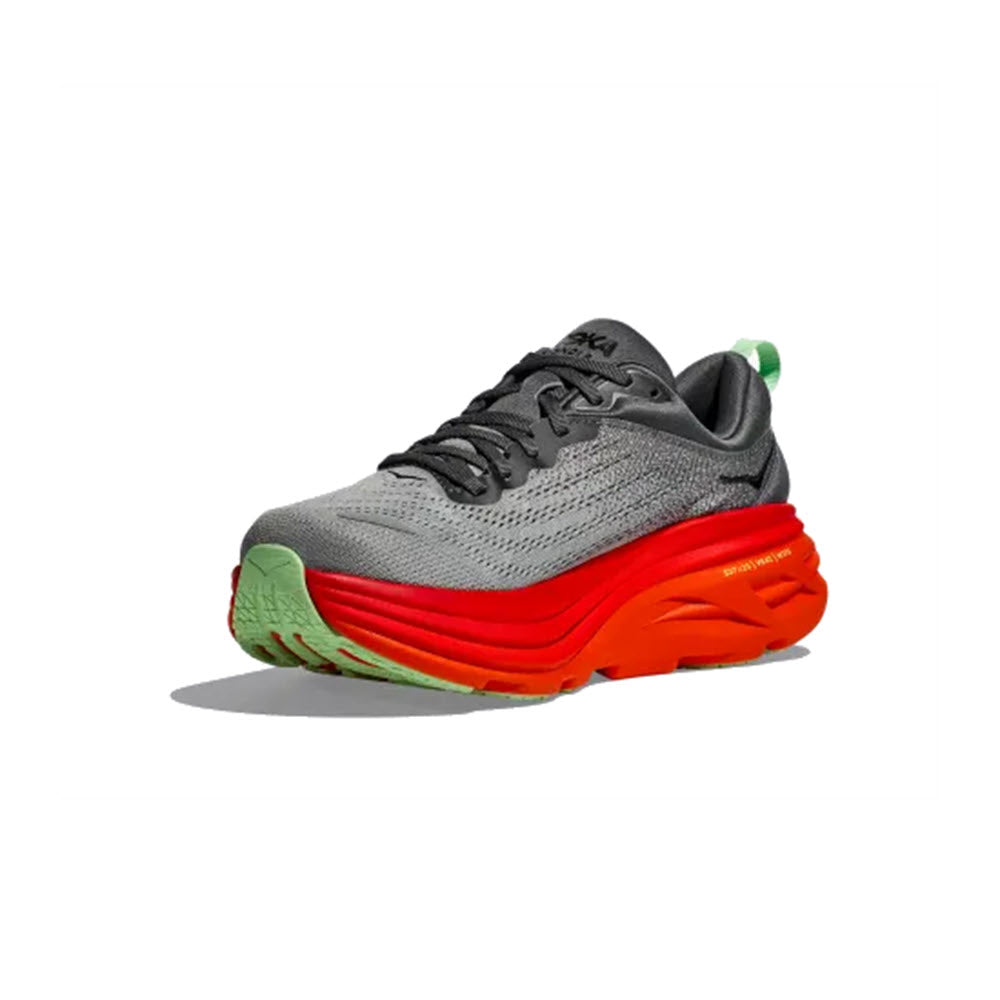 Gray Hoka Bondi 8 Castlerock/Flame running shoe with vibrant orange-to-green gradient sole, displayed on a white background.