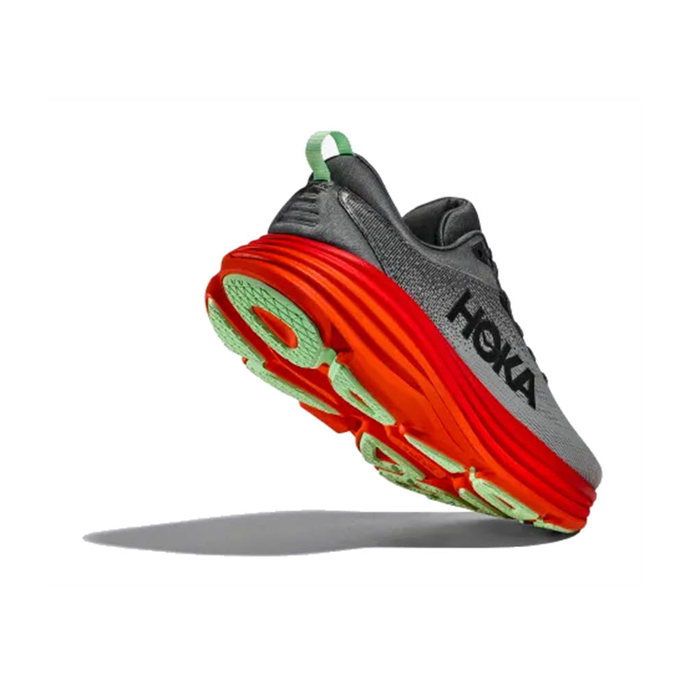A HOKA Bondi 8 Castlerock/Flame running shoe with a red sole and green accents, floating against a white background.