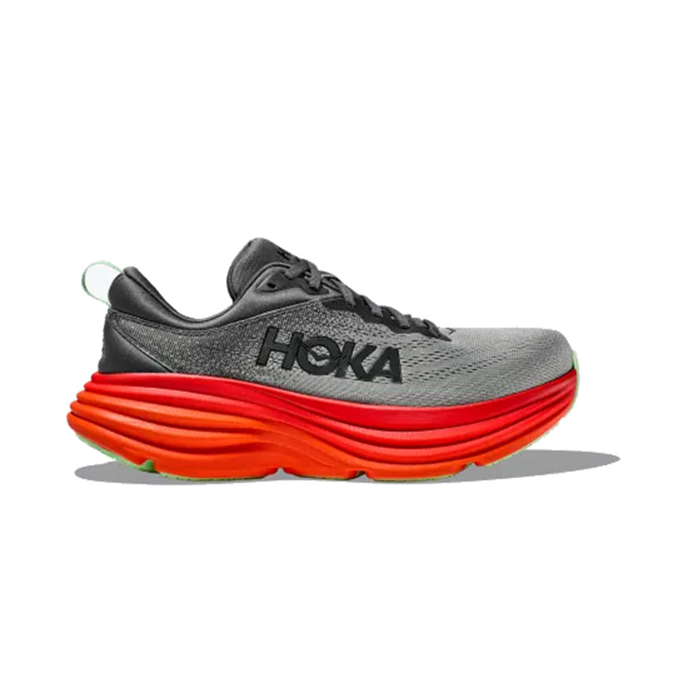 A single HOKA Bondi 8 Castlerock/Flame running shoe with a grey upper and a thick, vibrant orange sole, viewed from the side.