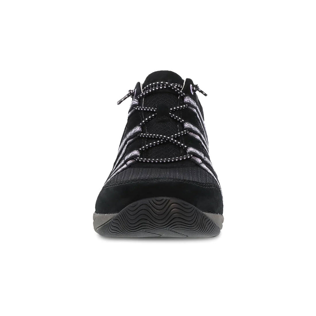 Front view of a single lightweight performance Dansko Harlyn Black sneaker with laces on a white background.