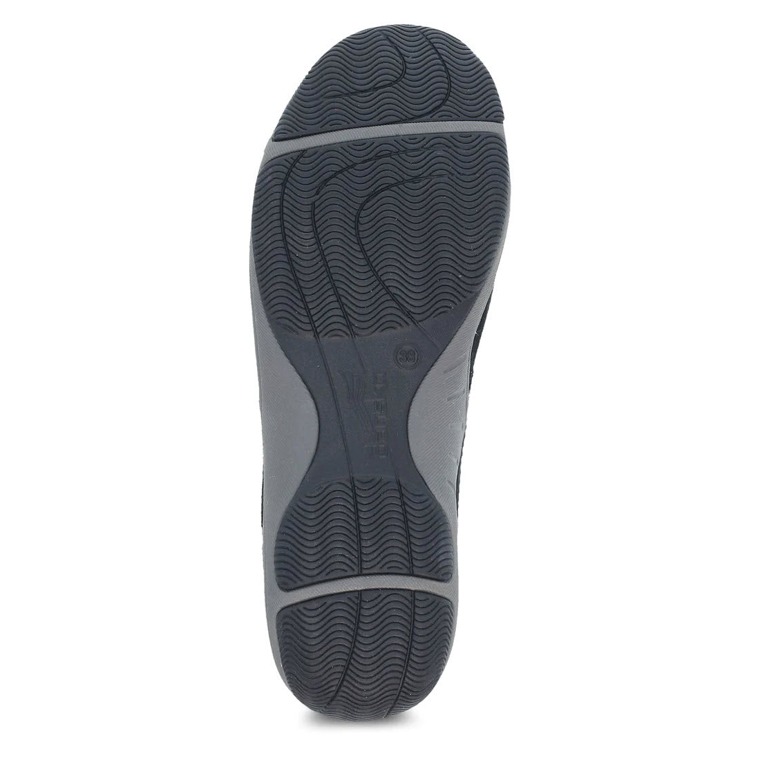 Bottom view of a Dansko Harlyn Black - Womens sneaker displaying a textured gray sole with wavy patterns and a circular logo at the center.