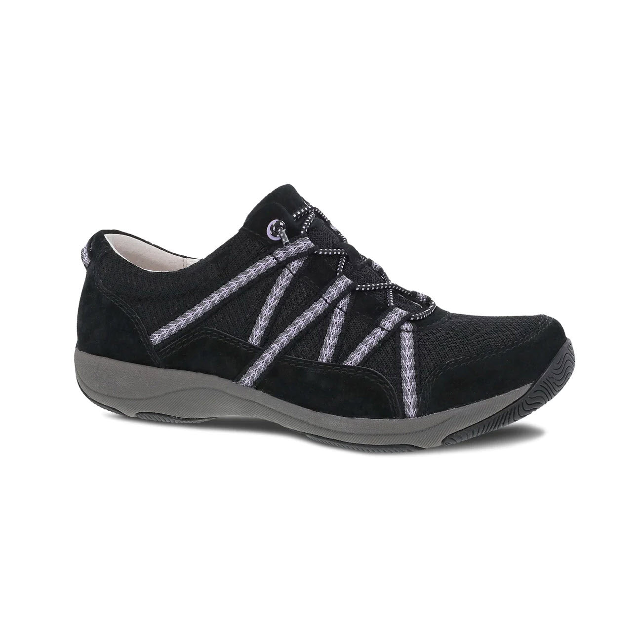 A single Dansko Harlyn Black women's casual sneaker with silver accents and premium support, displayed against a white background.