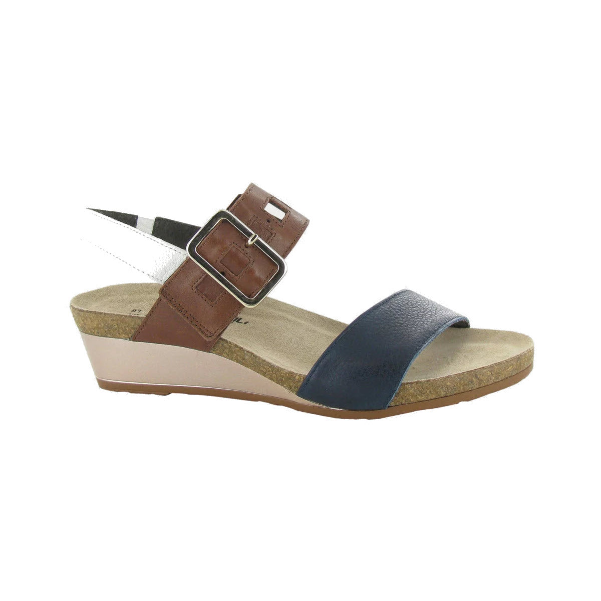 A women's Naot Dynasty wedge sandal with multi-colored straps and a cork heel on a white background.