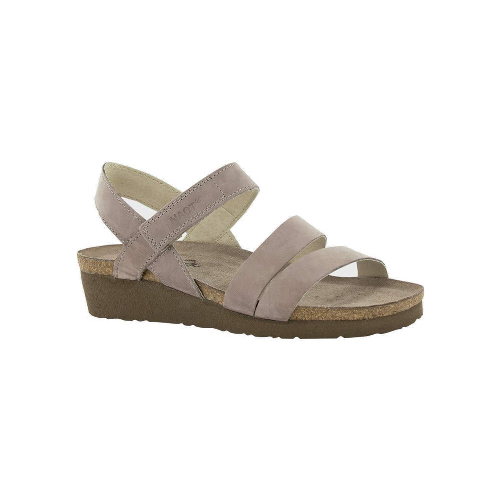 A NAOT KAYLA STONE - WOMENS platform sandal with two supportive straps and a cork sole, isolated on a white background.