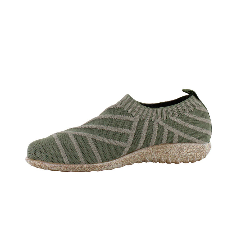 A single olive green Naot Okahu Sage Knit sneaker with geometric patterns and a beige rubber sole, isolated on a white background.