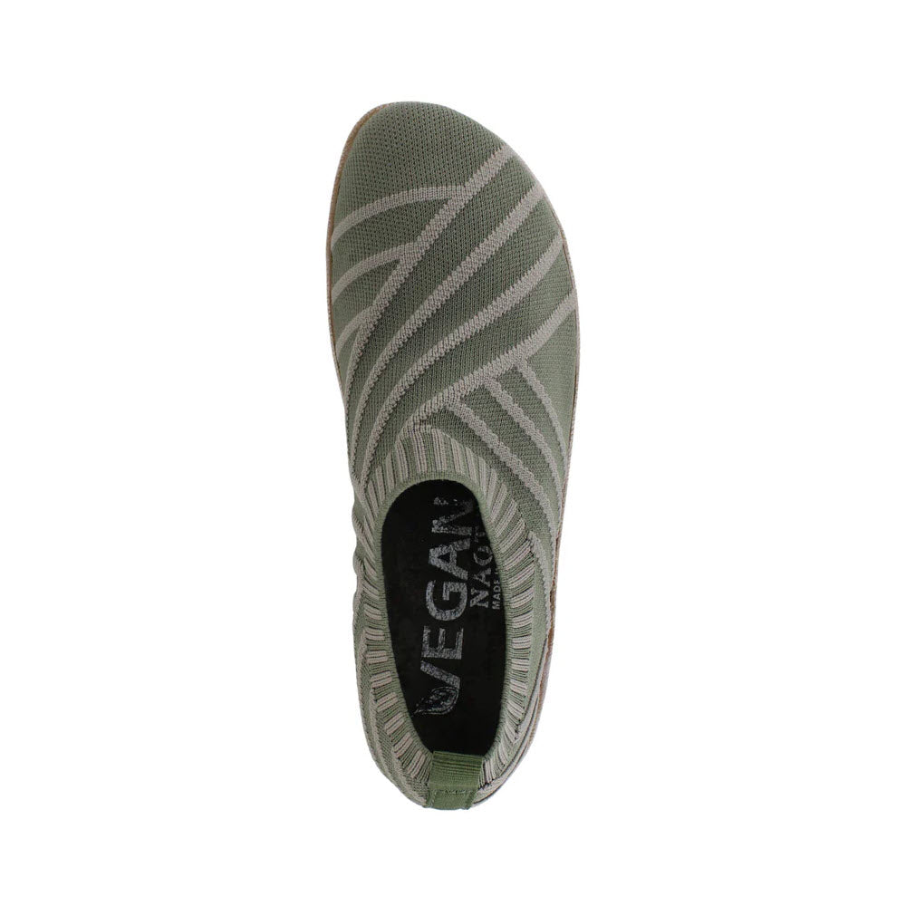 A top view of a Naot Okahu Sage Knit - Womens lightweight vegan sneaker with a black insole marked &quot;vegan.