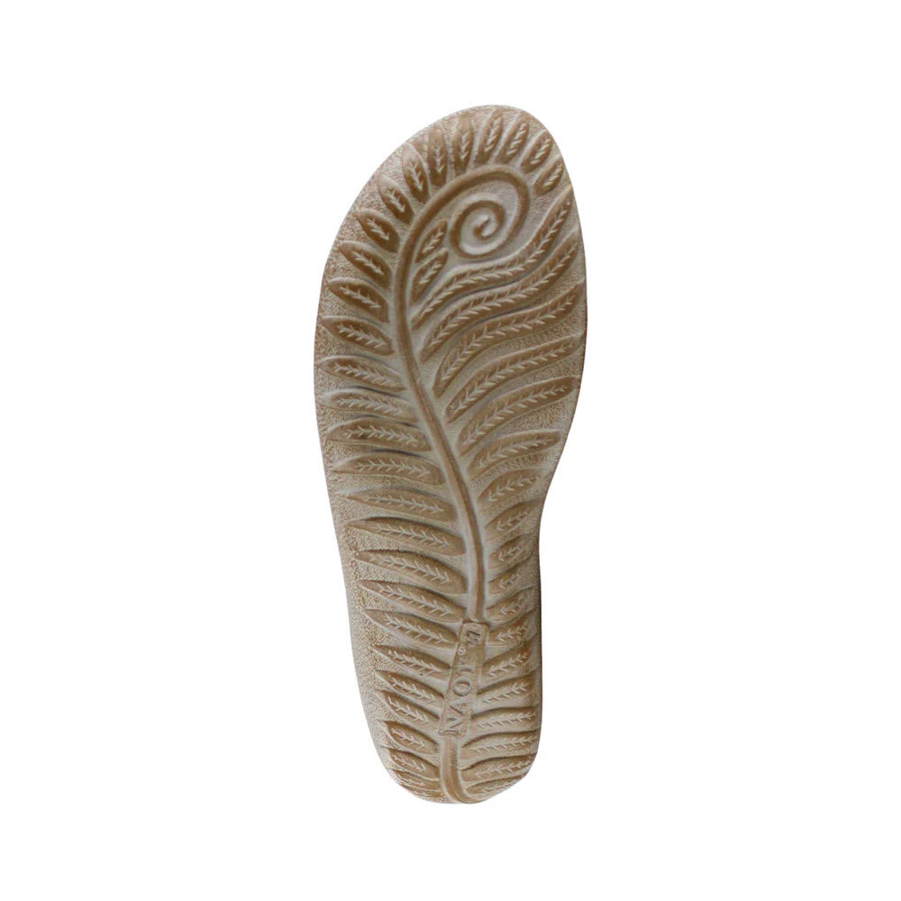 A beige Naot Okahu Sage Knit insole with a detailed, embossed fern pattern, isolated on a white background.