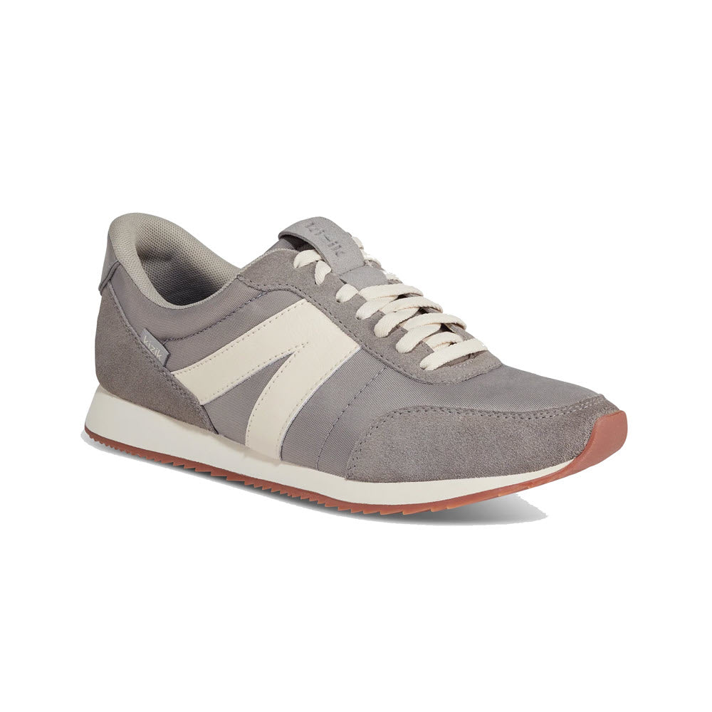 Gray Kizik Milan Granite sneaker with white laces, featuring beige and white stripes on the side, displayed against a white background.