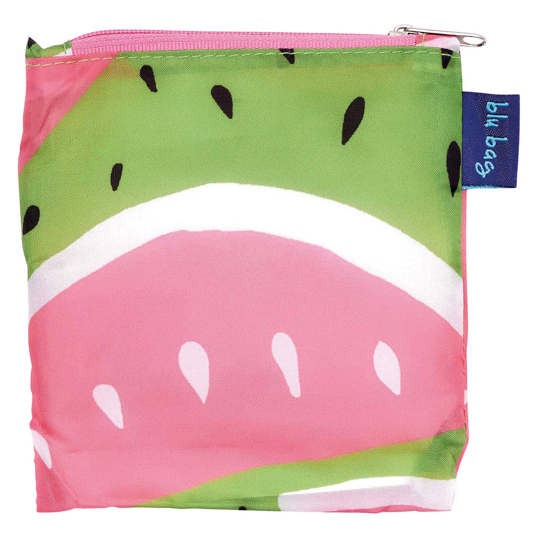 A colorful eco-friendly Rockflowerpaper BLU BAG WATERMELON with a watermelon print design, featuring pink and green hues and seed patterns, with a zipper on top.