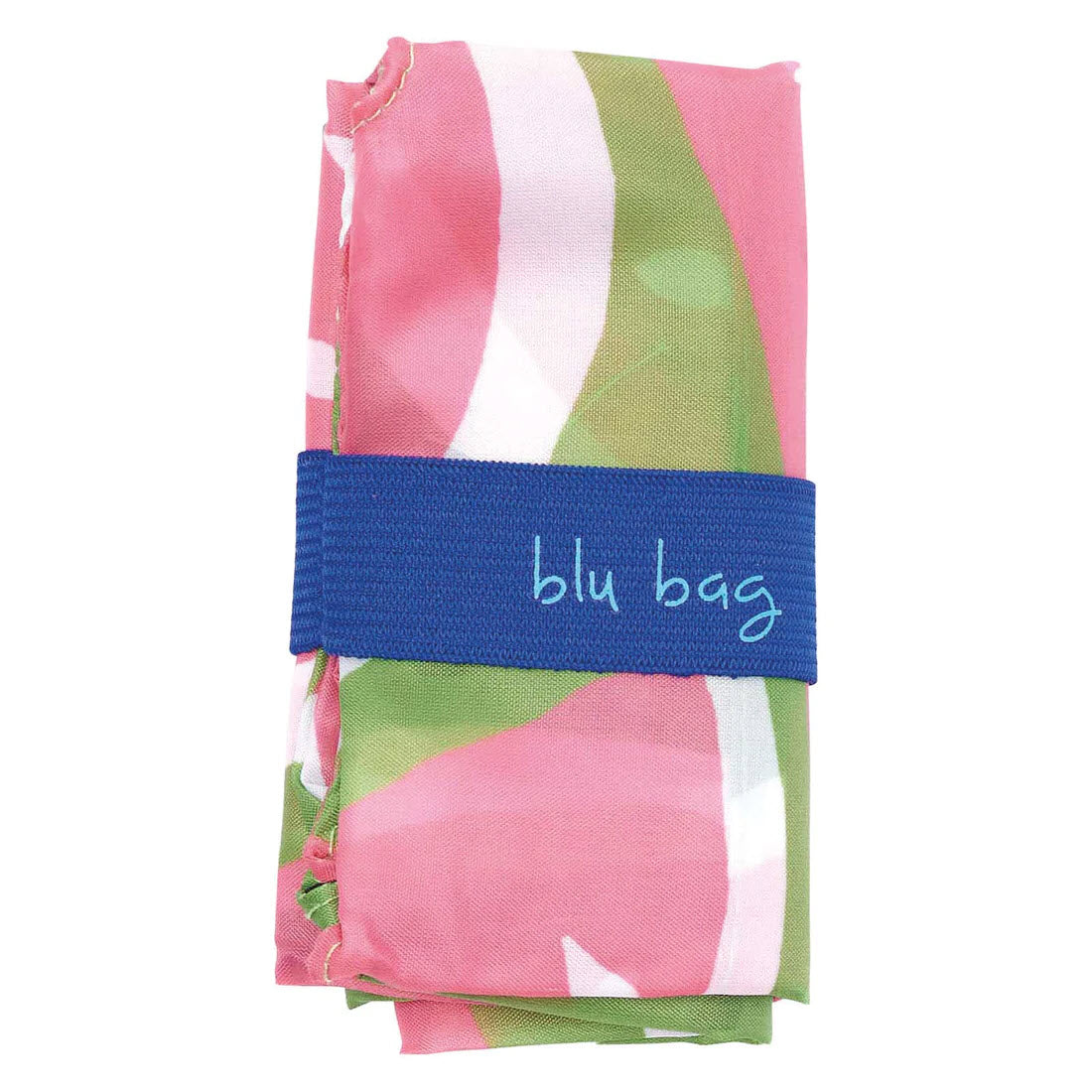 A colorful folded eco-friendly BLU BAG WATERMELON with pink, white, and green abstract patterns, secured by a blue strap from Rockflowerpaper.