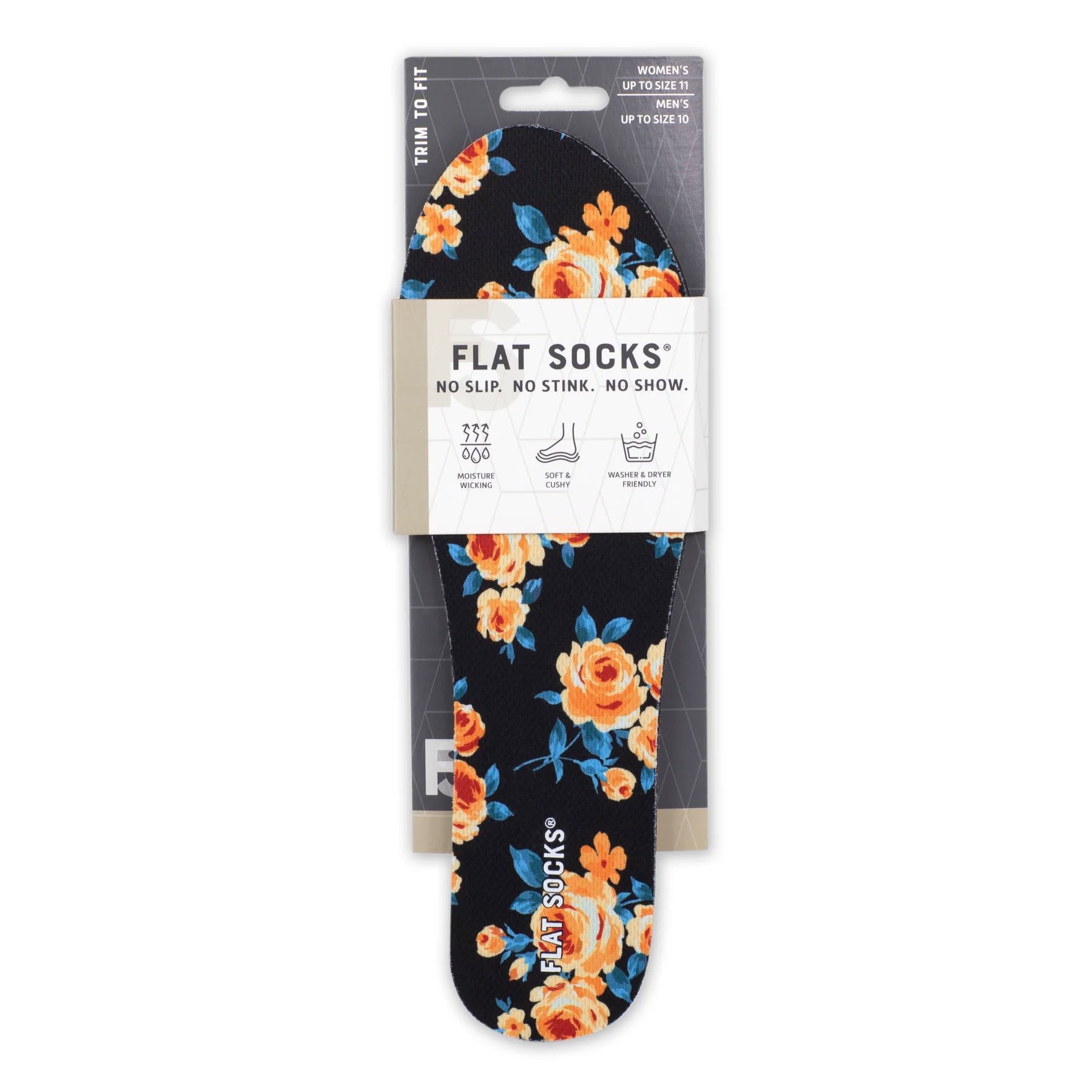 A package of FLAT SOCKS PEACHY ROSE FLORAL - WOMENS featuring peach roses on a navy background, labeled "no slip no stink no show," hung on a white background.
