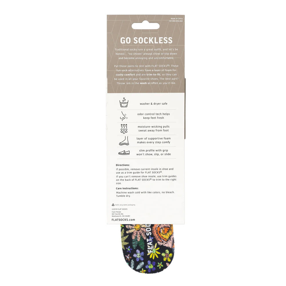 Packaging of the &quot;FLAT SOCKS FLORAL EMBROIDERY - WOMENS&quot; insoles by FLAT SOCKS featuring floral embroidery and benefits listed on the back, such as odor control and moisture wicking.