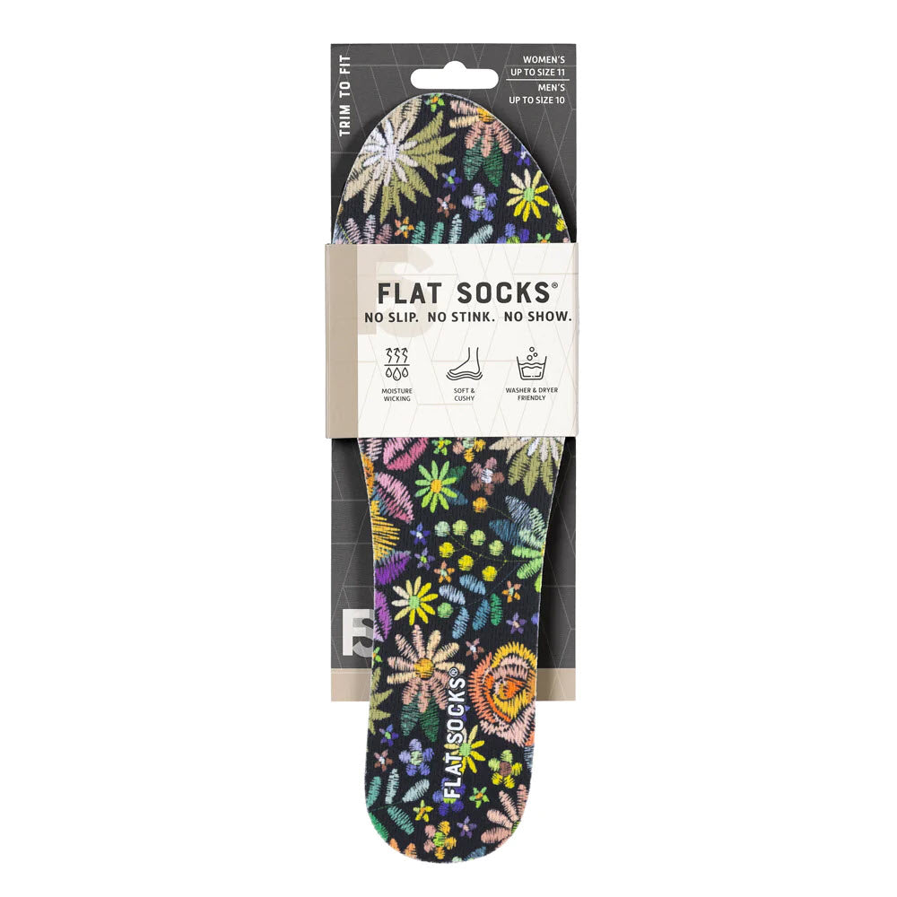 A package of FLAT SOCKS FLORAL EMBROIDERY - WOMENS by FLAT SOCKS, labeled &quot;no slip, no stink, no show,&quot; displayed on a hanging card.