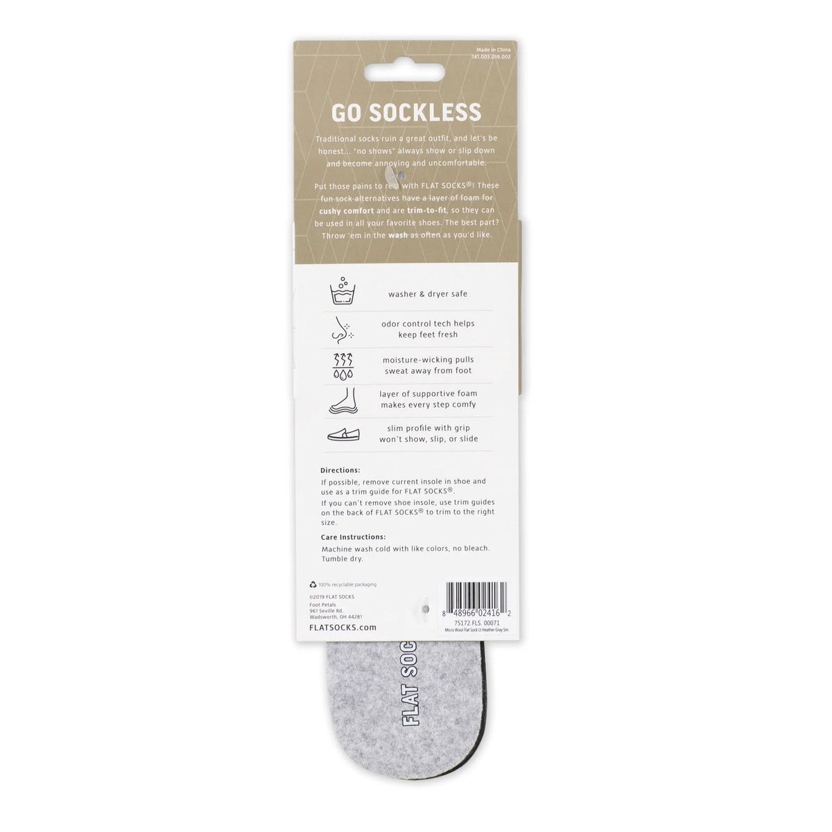 Packaging of &quot;FLAT SOCKS LIGHT GREY MICRO WOOL - WOMENS&quot; insoles displaying product features and uses, designed as trim-to-fit and hung on a display with a visible barcode.