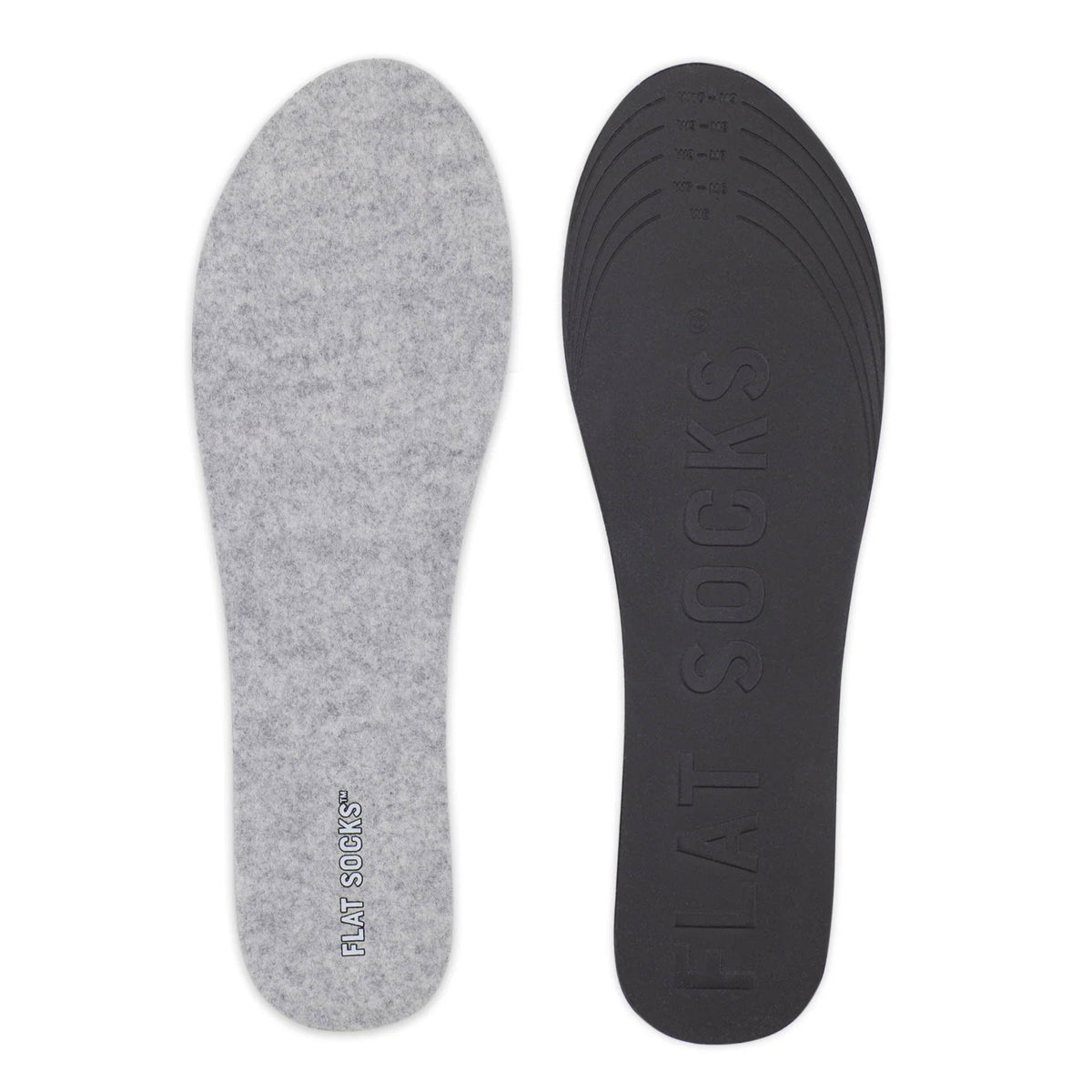 Two FLAT SOCKS LIGHT GREY MICRO WOOL - WOMENS insoles displayed side-by-side, one gray and the other black, both with the logo &quot;FLAT SOCKS&quot; visible.