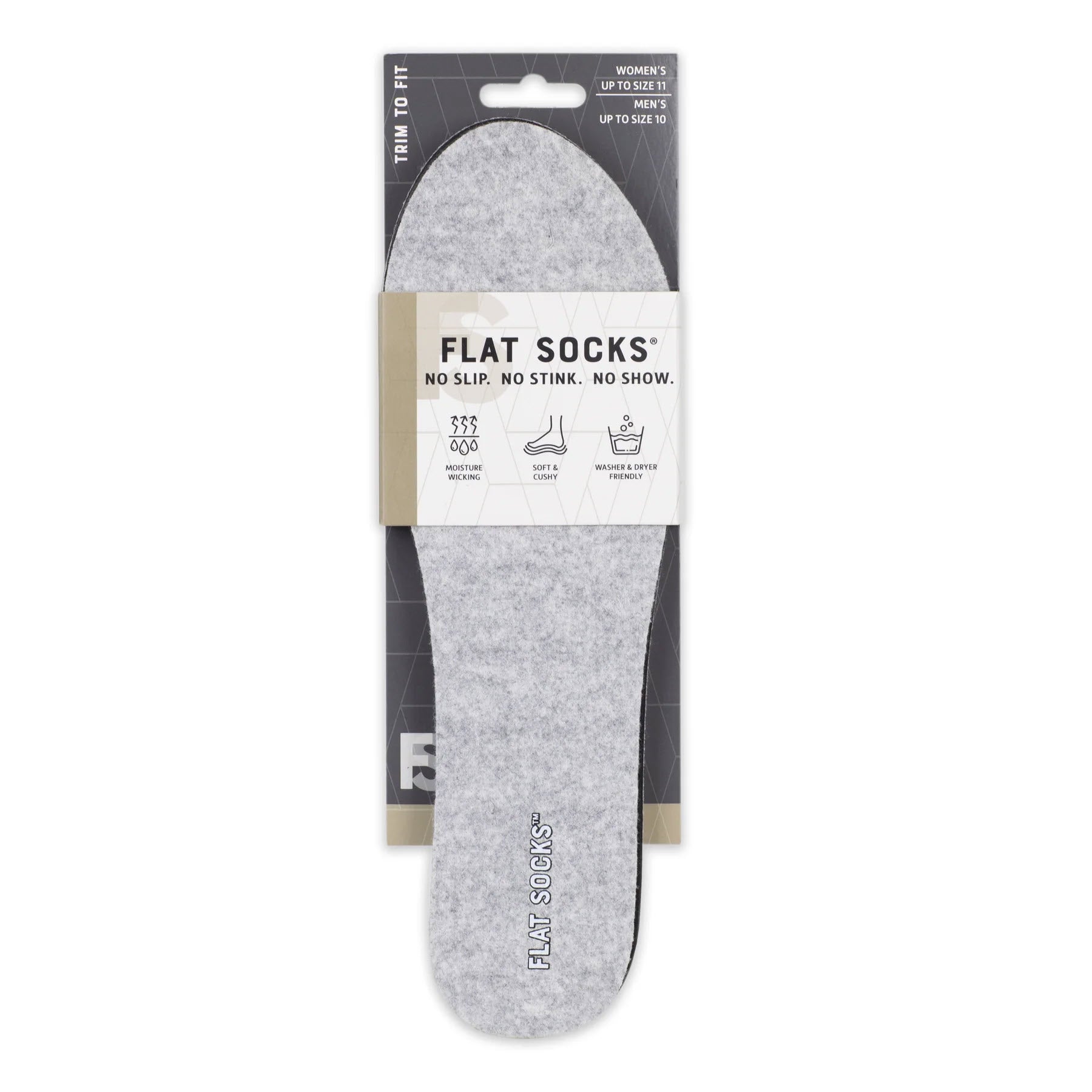 A pair of FLAT SOCKS light gray trim-to-fit socks in packaging, labeled "no slip, no stink, no show," designed for women's shoe sizes 5.5-9.