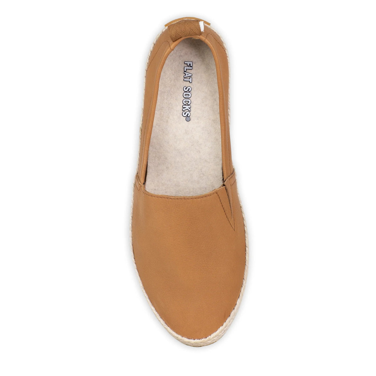 Top view of a single tan FLAT SOCKS slip-on shoe with a white soft wool lining and the label &quot;lea &amp; sons&quot; visible inside.