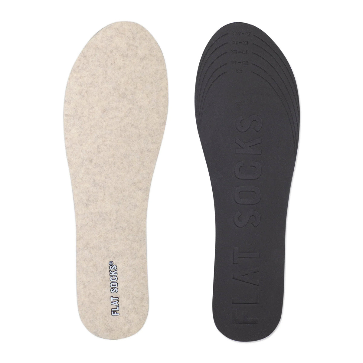 Two FLAT SOCKS SAND MICRO WOOL - WOMENS insoles laid side by side, one facing up showing a beige surface with &quot;FLAT SOCKS&quot; text, and the other facing down with a black surface.